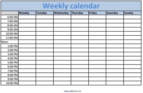 Universal Free Weekly Calendar Fillable With Times Starting At 6am