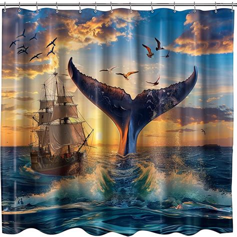 Ocean Sunset Serenity Whale Tail And Sailing Ship Shower Curtain