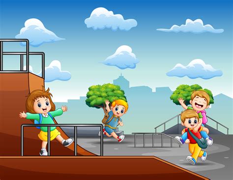 Children cartoon playing in the skatepark 5557502 Vector Art at Vecteezy