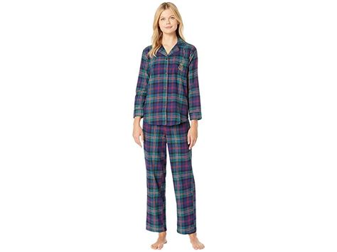 Lauren Ralph Lauren Brushed Twill Long Sleeve Classic Notch Collar Pajama Set Green Plaid