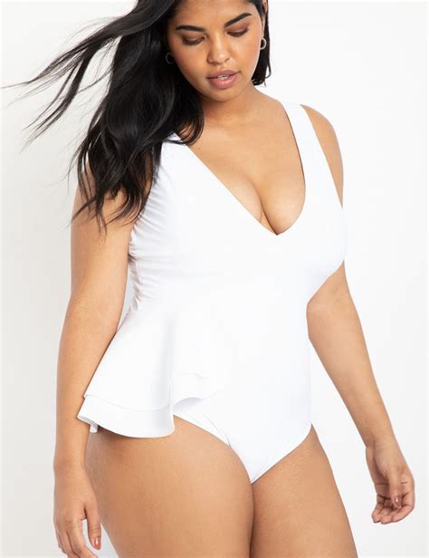 Asymmetric Peplum Swimsuit White In 2020 Women S Plus Size Swimwear Plus Size Swimwear