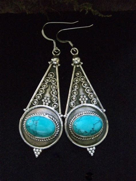 Turquoise And Sterling Silver Dangle Earrings Large Ethnic Jewellery