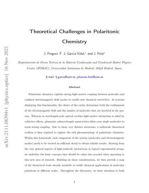 Pdf Theoretical Challenges In Polaritonic Chemistry