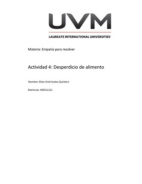 Actividad Desperdicio Comidas Materia Empat A Para Resolver