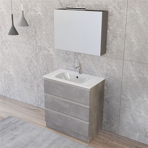 Mobile Bagno A Terra 80 Cm Master Grigio Con Lavabo E Specchio Contenitore