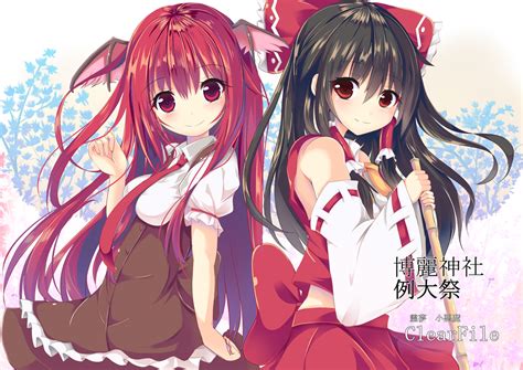 2girls Black Hair Blush Bow Breasts Demon Dress Hakurei Reimu Japanese