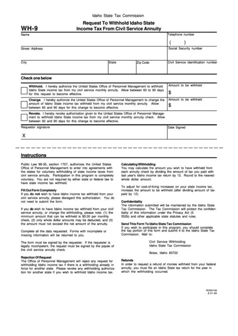 Fillable Form Wh 9 Request To Withhold Idaho State Income Tax From