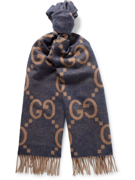 Gucci Fringed Logo Jacquard Cashmere Scarf Blue Editorialist