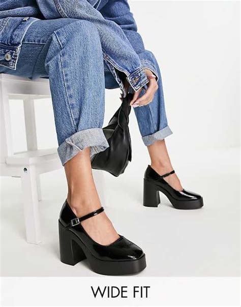 Asos Design Wide Fit Penny Platform Mary Jane Heeled Shoes In Black Asos