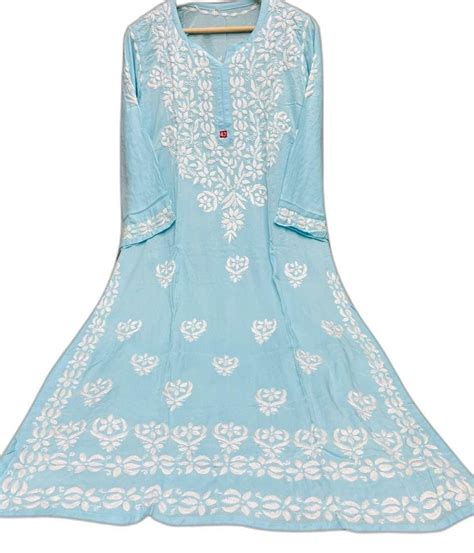 Sea Green Cotton Chikan Kurti Wash Care Machine Wash Embroidered At