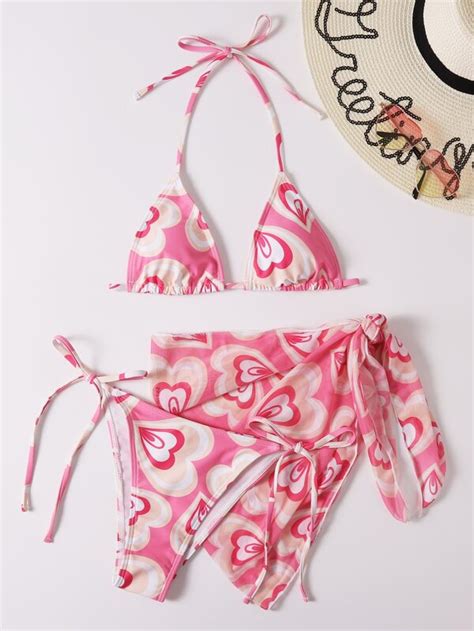 3pack Heart Print Triangle Bikini Swimsuit Beach Skirt SHEIN USA