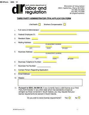 Fillable Online State Sd TPA Cover Letter TPA Registration Form