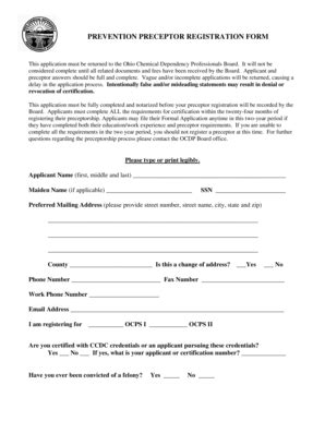 Fillable Online Ocdp Ohio Prevention Preceptor Registration Form The