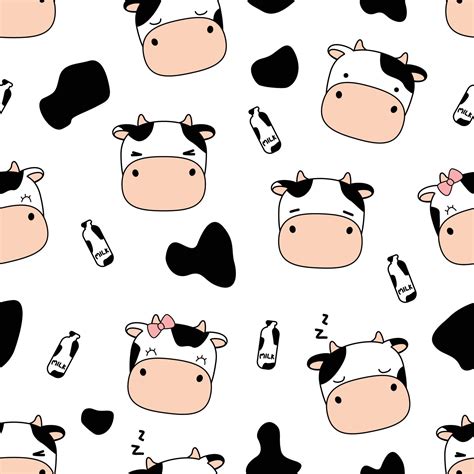 Cute Cow And Milk Cartoon Doodle Seamless Pattern Vector Art At