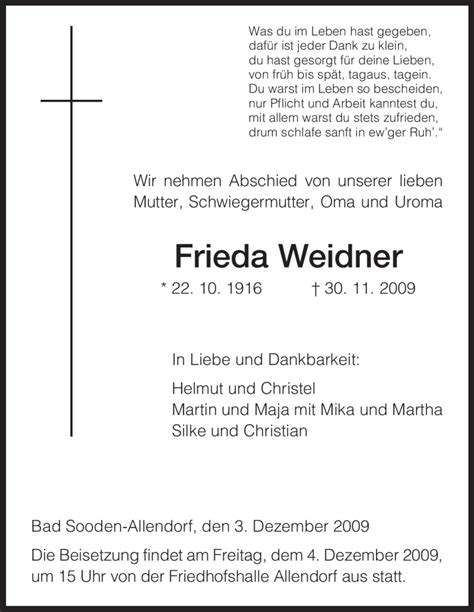 Traueranzeigen Von Frieda Weidner Trauer Hna De