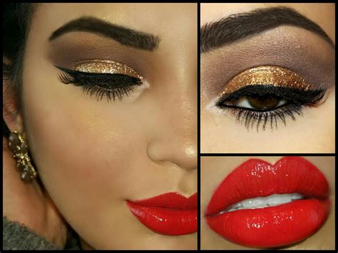 Maquillaje Dorado Y Labios Rojos Maquillaje En Tonos Dorados