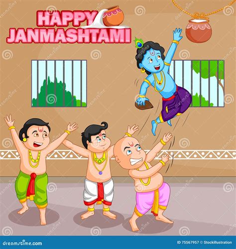 Krishna Breaking Dahi Handi In Janmashtami Cartoon Vector | CartoonDealer.com #75567957