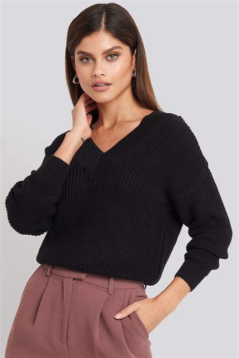 V Neck Wide Rib Knitted Sweater Schwarz Na Kd