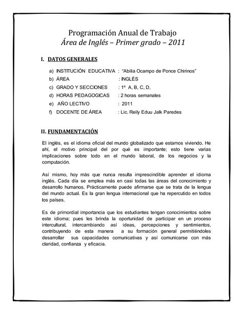 Programación Anual De Trabajo área De Inglés Primer Grado 2012 Pdf