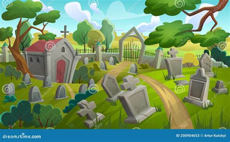 Cemetery Graveyard Landscape With Old Memorial Tombstones Stock Vector