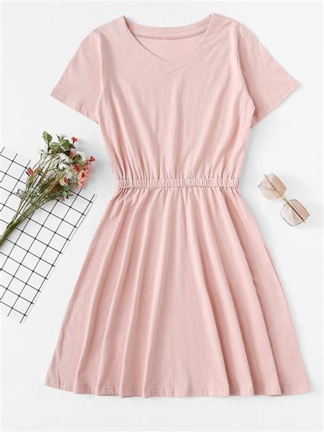 Solid Elastic Waist Dressfor Women Romwe Dresses Elastic Waist Dress