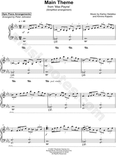 Epic Piano Arrangements Max Payne Main Theme Simplified Sheet