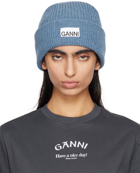 Ganni Blue Fitted Wool Rib Knit Beanie Ssense