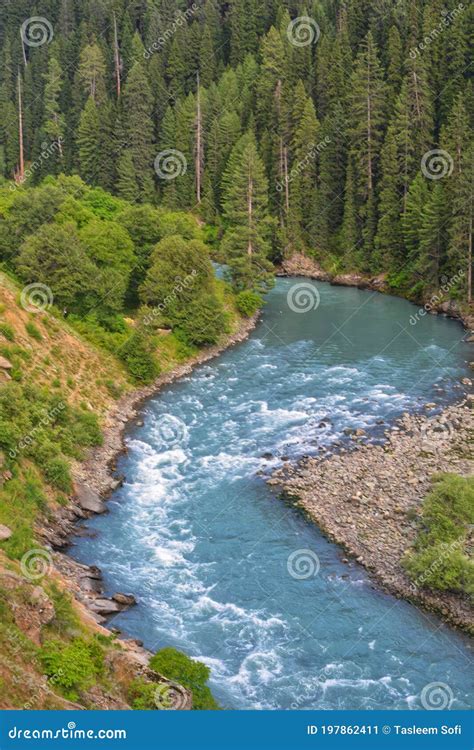 Neelum River Flowing In Neelum Valley Gurez With Habba Khatoon Peak In