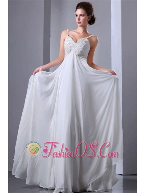 White Empire Spaghetti Straps Floor Length Chiffon Appliques With