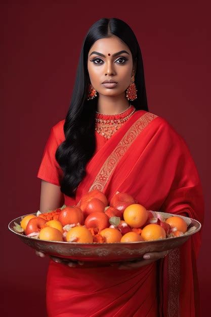 Premium Ai Image A Woman In A Cultural Dress Holds A Wooden Bowl