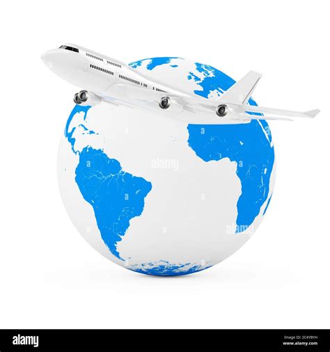 Flying Around The World Concept White Jet Passengers Airplane Near