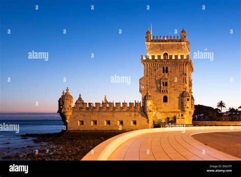 Belem tower - Torre de Belem at night in Lisbon, Portugal Stock Photo ...