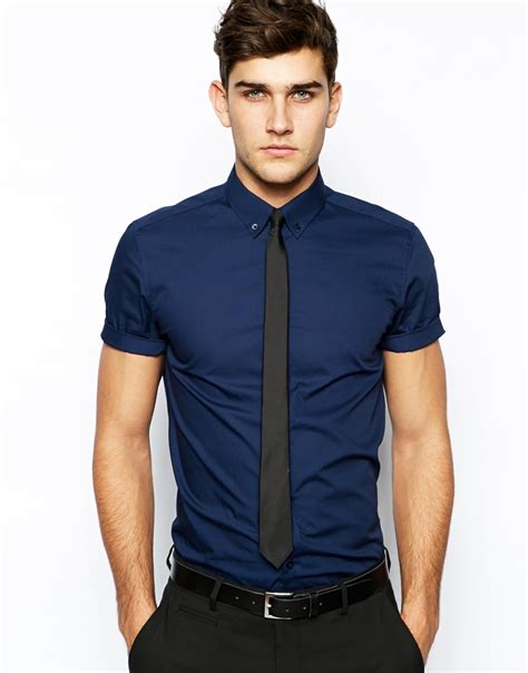 Asos Smart Shirt In Short Sleeve With Button Down Collar In Cotton In Blue For Men Lyst