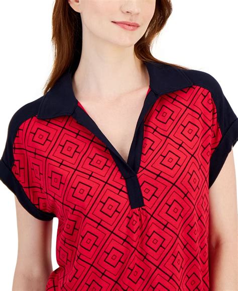 Tommy Hilfiger Womens Geometric Print Johnny Collar Top Macys