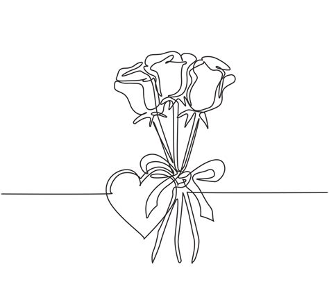 One Single Line Drawing Of Beautiful Rose Flower Bouquets With Heart