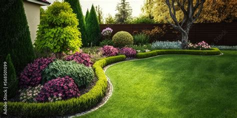 Beautiful manicured lawn and flowerbed with deciduous shrubs on plot or ...