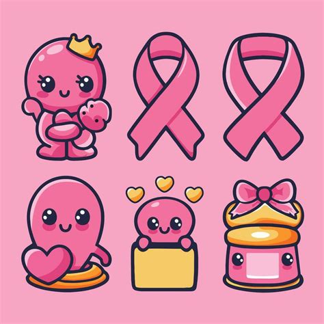 Breast Cancer Awareness Pink Ribbon Vector Icon Set Cute Cartoon Style