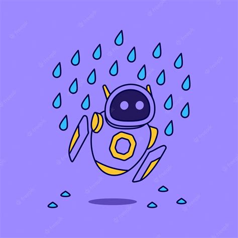 雨天漫画アイコン イラストで実行されているかわいいマスコット紫ロボット。フラット漫画デザイン プレミアムベクター