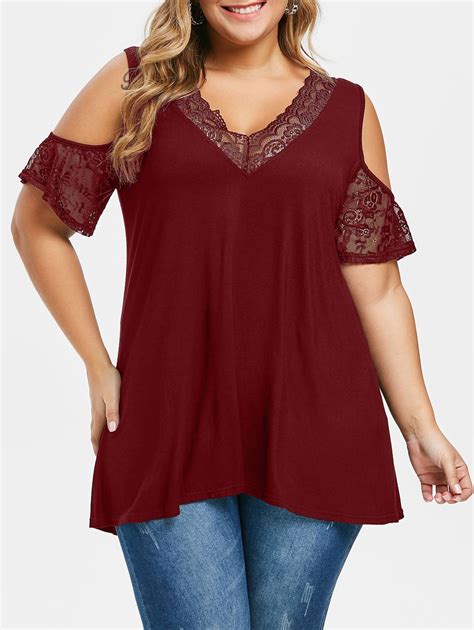 Off Plus Size Open Shoulder See Thru T Shirt In Red Wine