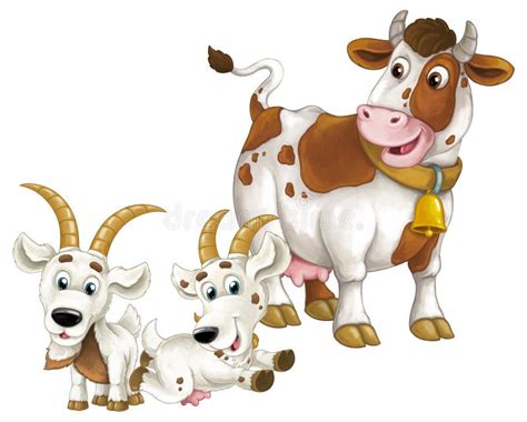 Cartoon Scene With Happy Farm Animals Cow And Two Goats Having Fun