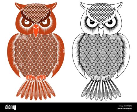 Black Outline And Orange Owl Stencil With Round Eyes Isolated On The