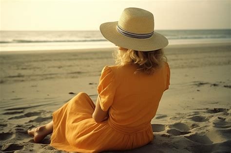 Premium Ai Image Woman In Yellow Dress Sitting On Beach