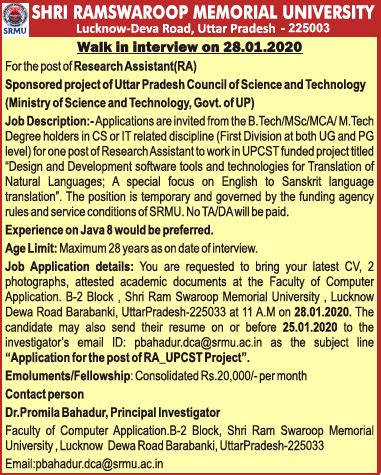 Research Jobs at Shri Ramswaroop Memorial University, Lucknow | FacultyPlus