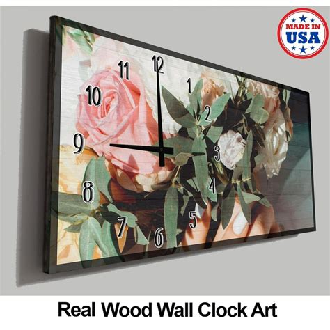 Flower Wall Clock Pretty White Pink And Green Floral Arrangement Wood ...