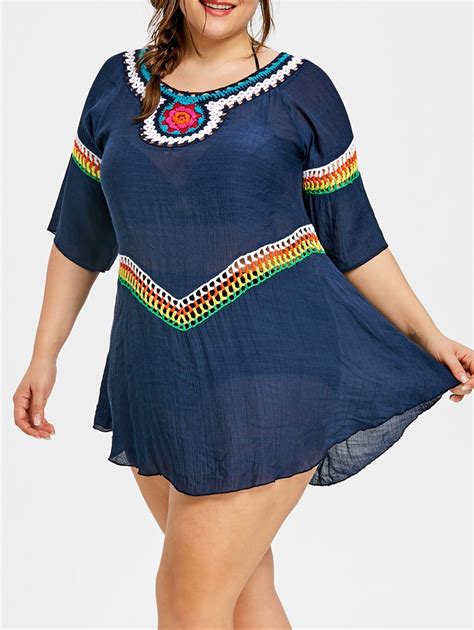 28 OFF Crochet Insert Plus Size Beach Cover Up Rosegal