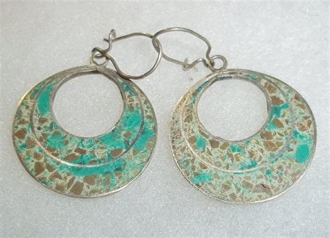 Taxco Mexico Sterling And Cushed Turquoise Hoop Earrings Antique