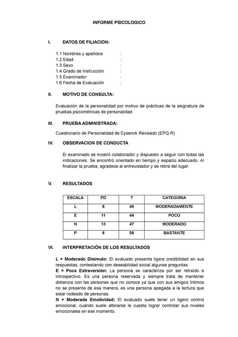 Informe Epq R Basico Informe Psicologico I Datos De Filiacion