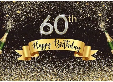 Allenjoy 7x5ft Happy 60th Birthday Black And Gold Backdrop Shiny Glitter Golden Dot