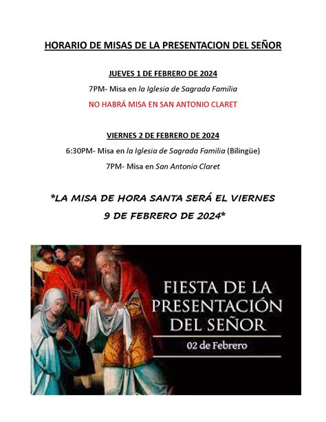 HORARIO DE MISAS DE LA PRESENTACION DEL SEÑOR Our Lady of Guadalupe