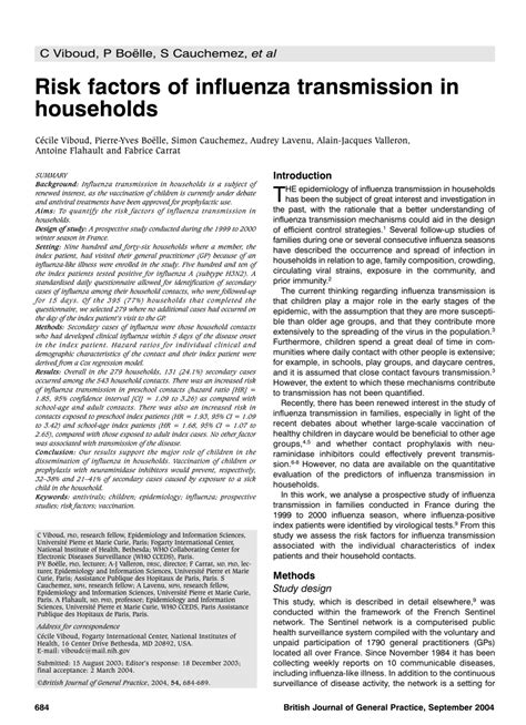 Pdf Risk Factors Of Influenza Transmission In Households